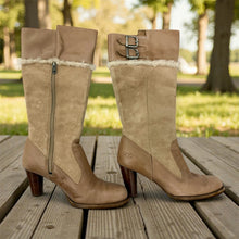 Load image into Gallery viewer, 11.20 BOOTS Sz 6.5 UGG Raya 5598 Taupe Leather Block Heel w/Sheepskin Trim